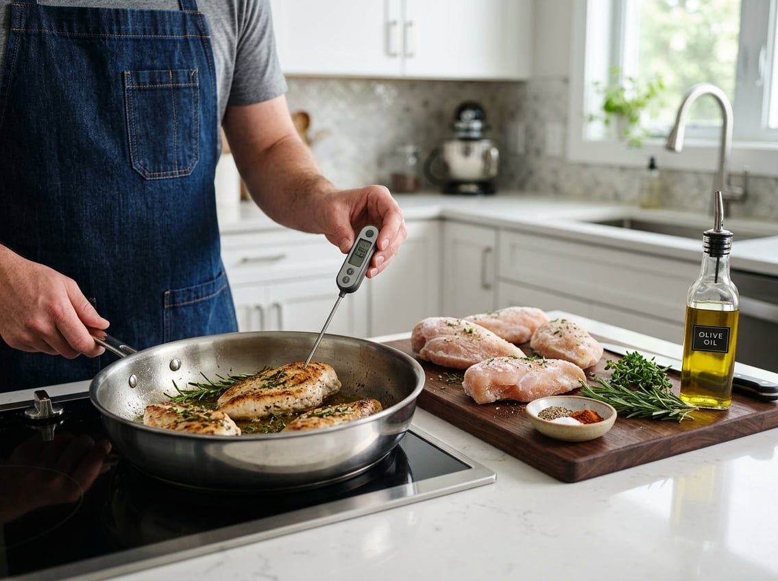 A person cooking frozen chicken breasts on a stovetop with fresh herbs and seasoning on the countertop.