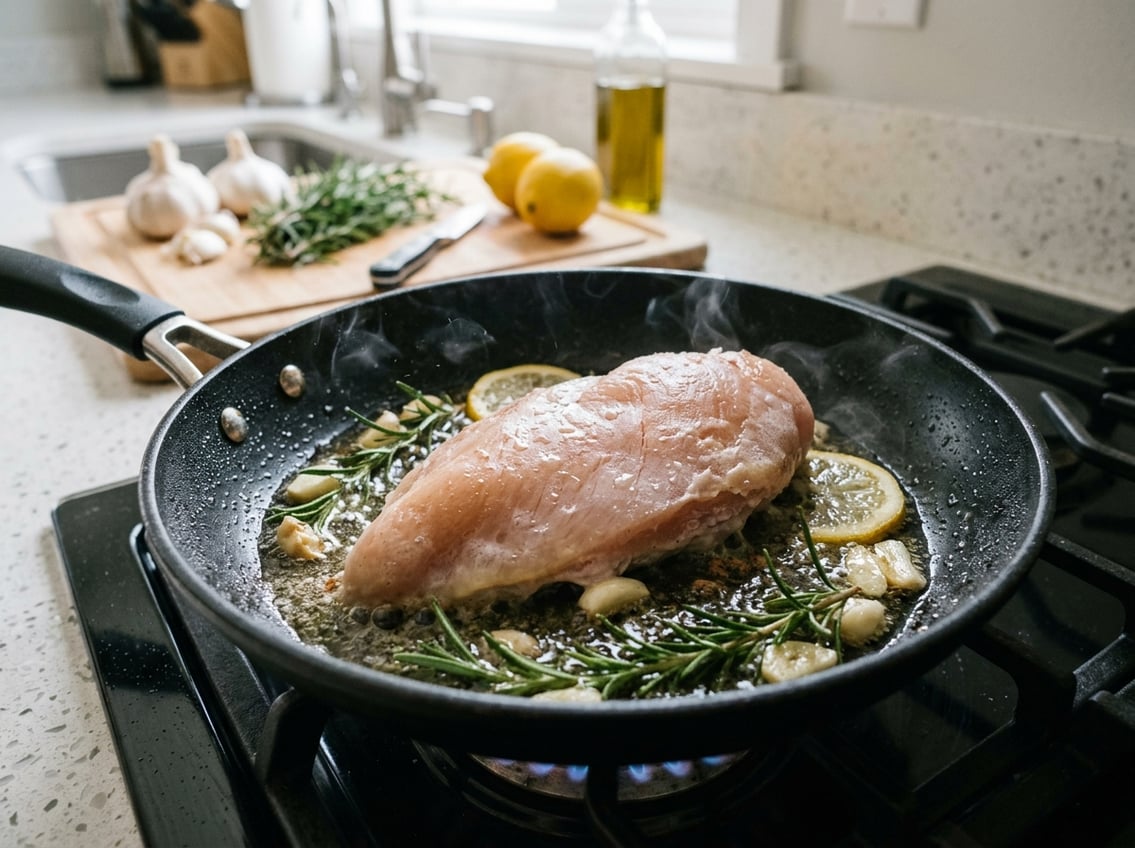 Close-up of a chicken breast cooking in a skillet with fresh ingredients nearby on a kitchen countertop.