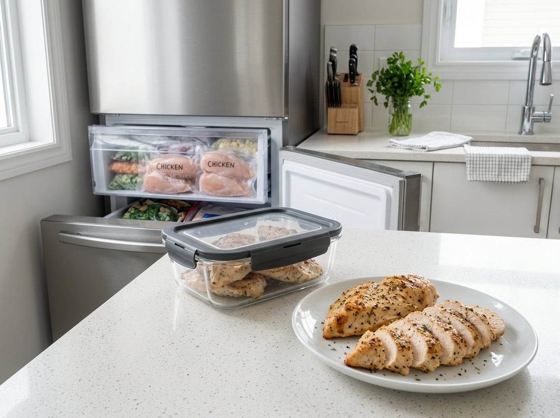 Cooked chicken breasts on a plate next to a food storage container and an open freezer showing frozen chicken inside.