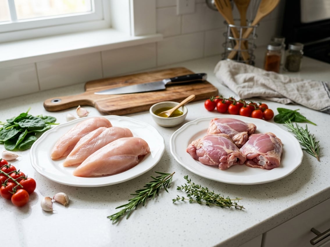 Two plates on a kitchen countertop showing raw chicken breast and chicken thigh pieces with fresh vegetables and herbs around them.