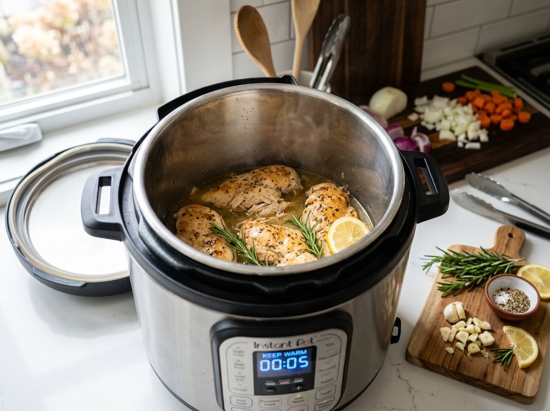 Close-up of an open Instant Pot with cooked chicken breasts inside, surrounded by fresh ingredients on a kitchen countertop.