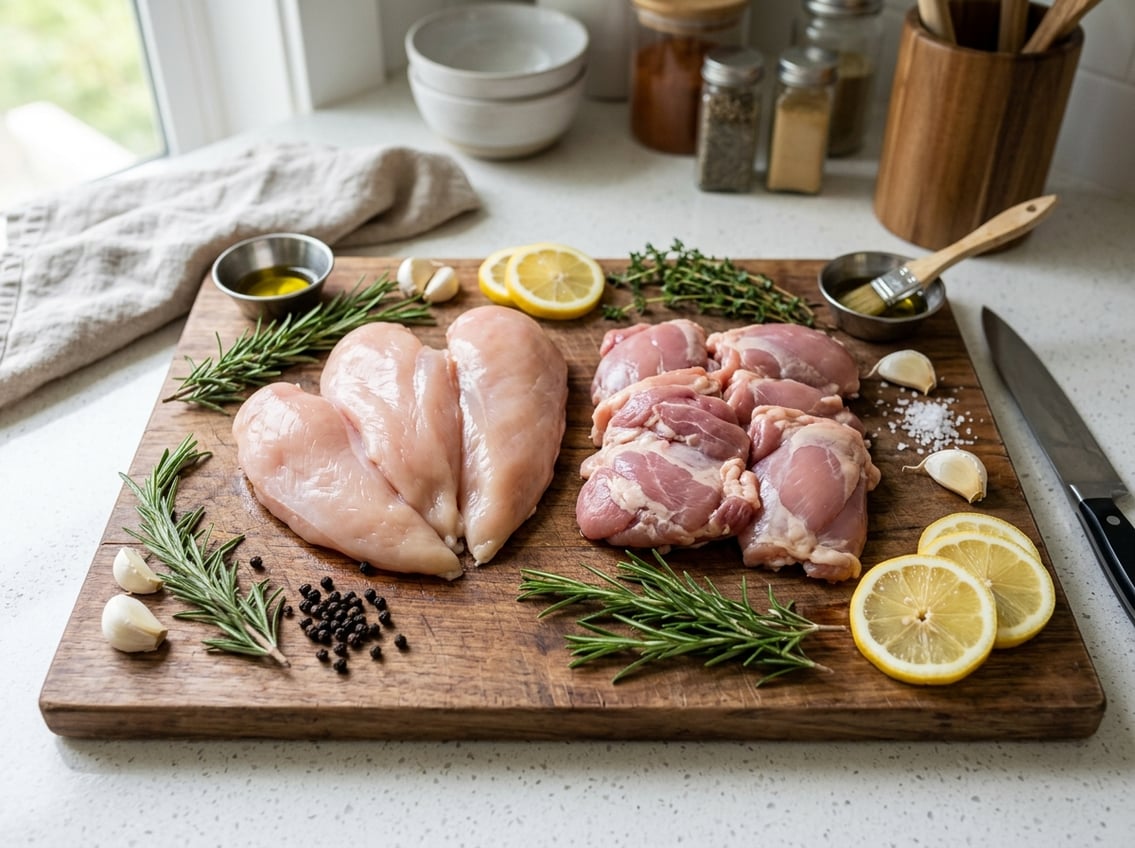 Close-up view of raw chicken breast and chicken thigh pieces on a wooden cutting board surrounded by fresh herbs, garlic, and lemon slices in a kitchen setting.