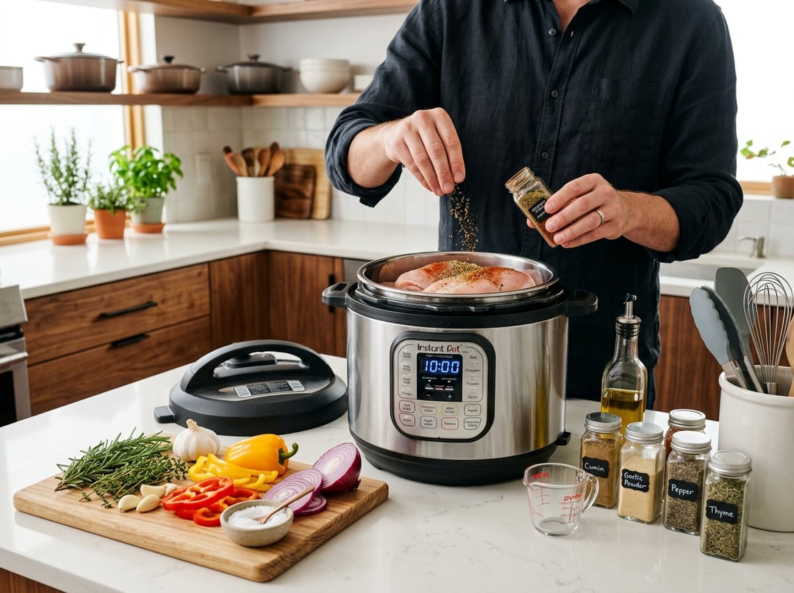 Hands seasoning chicken breast inside an Instant Pot surrounded by fresh ingredients and spices on a kitchen countertop.