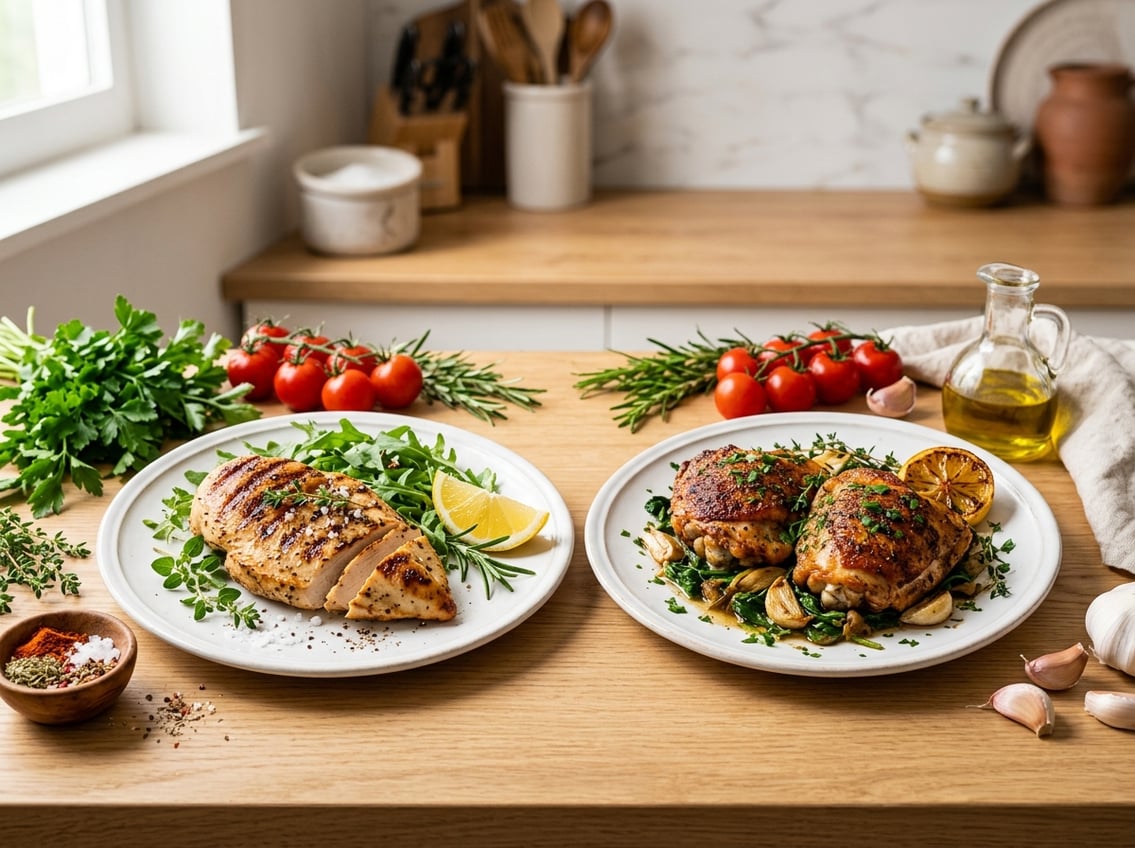 Two plates on a kitchen counter, one with grilled chicken breast and the other with roasted chicken thighs, surrounded by fresh herbs and vegetables.