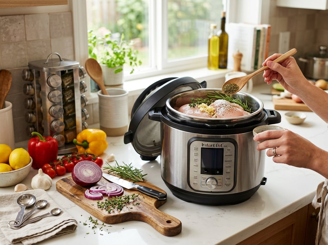 A kitchen countertop with an Instant Pot containing raw chicken breasts surrounded by fresh vegetables and herbs, with a hand holding a spoon nearby.