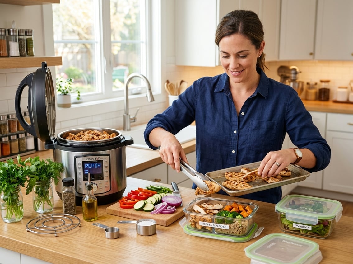 A person placing cooked chicken breasts into glass storage containers next to an open Instant Pot on a kitchen countertop.