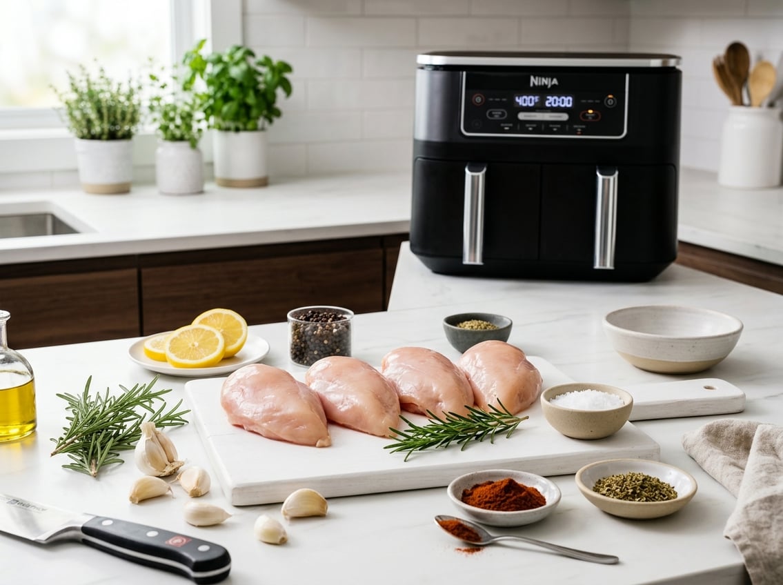 Fresh raw chicken breasts on a cutting board with herbs and spices on a kitchen countertop, an air fryer in the background.