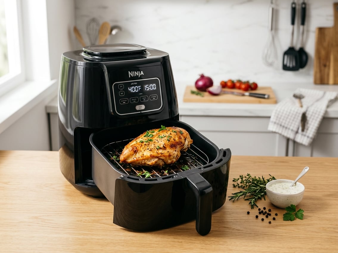 A cooked chicken breast inside an open air fryer basket on a kitchen countertop with fresh herbs nearby.