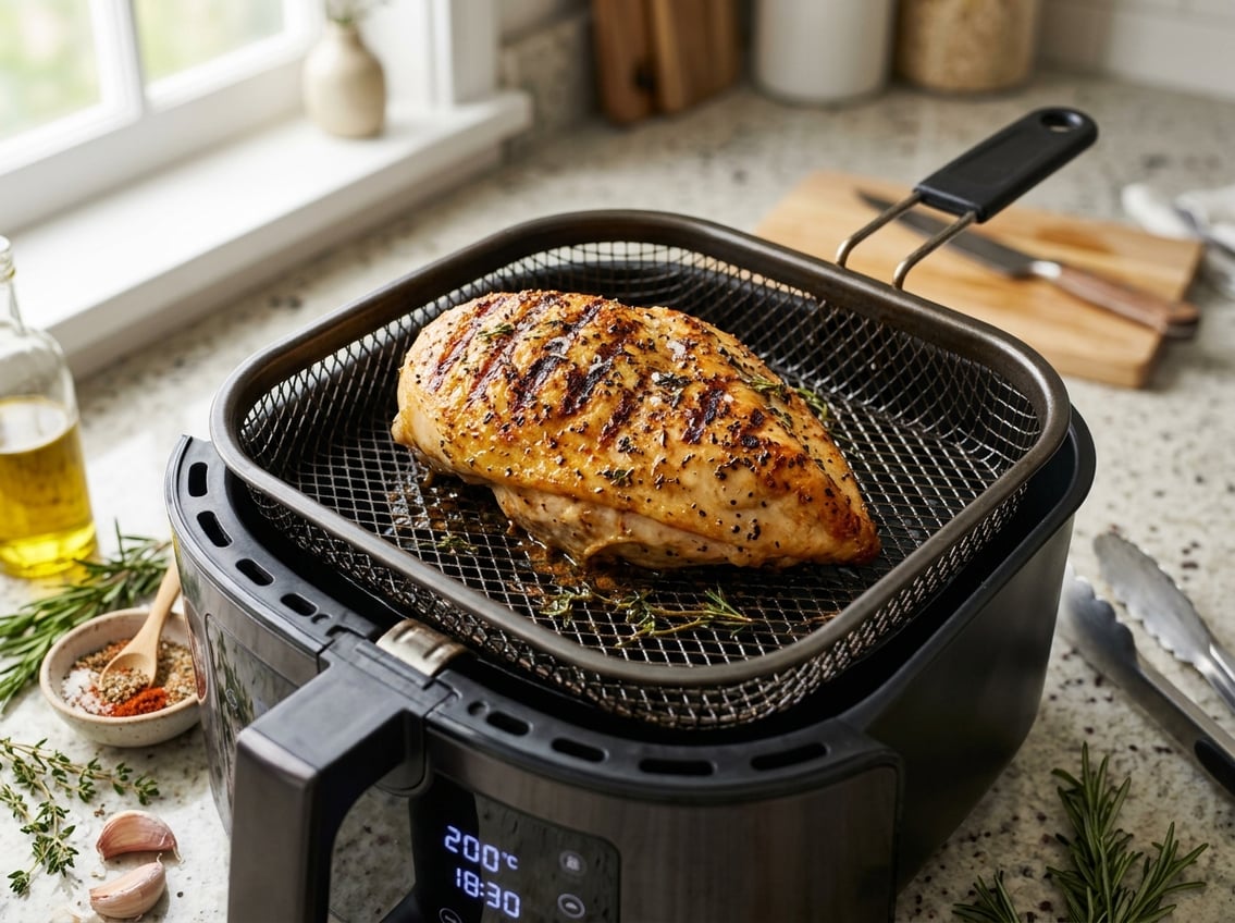 Close-up of a cooked chicken breast inside an air fryer basket on a kitchen countertop with herbs and seasoning nearby.