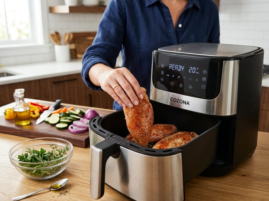 Hand placing raw chicken breasts into an air fryer basket in a modern kitchen with fresh herbs and vegetables nearby.
