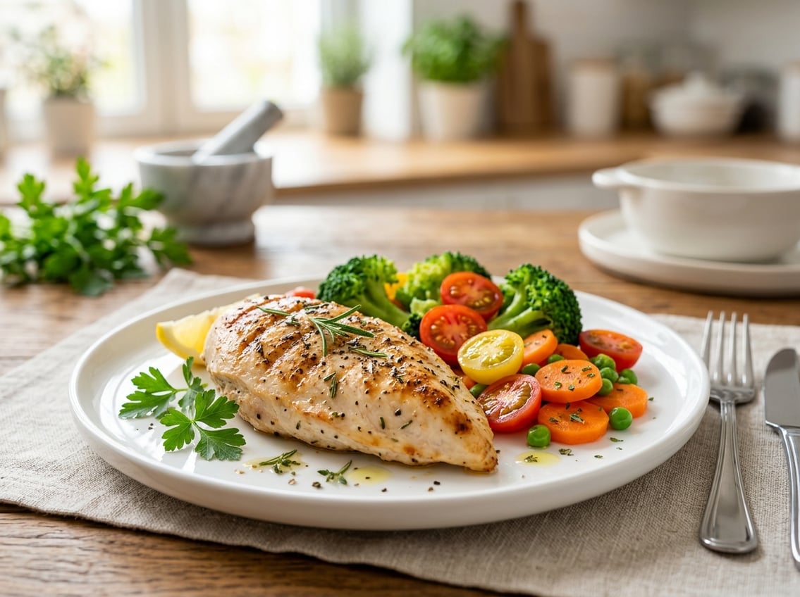 A cooked chicken breast on a white plate with fresh vegetables on a table in a bright kitchen.