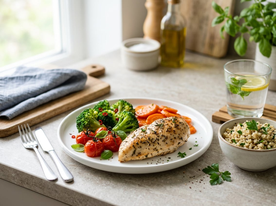 A plate with cooked chicken breast and assorted fresh vegetables on a table in a kitchen setting.