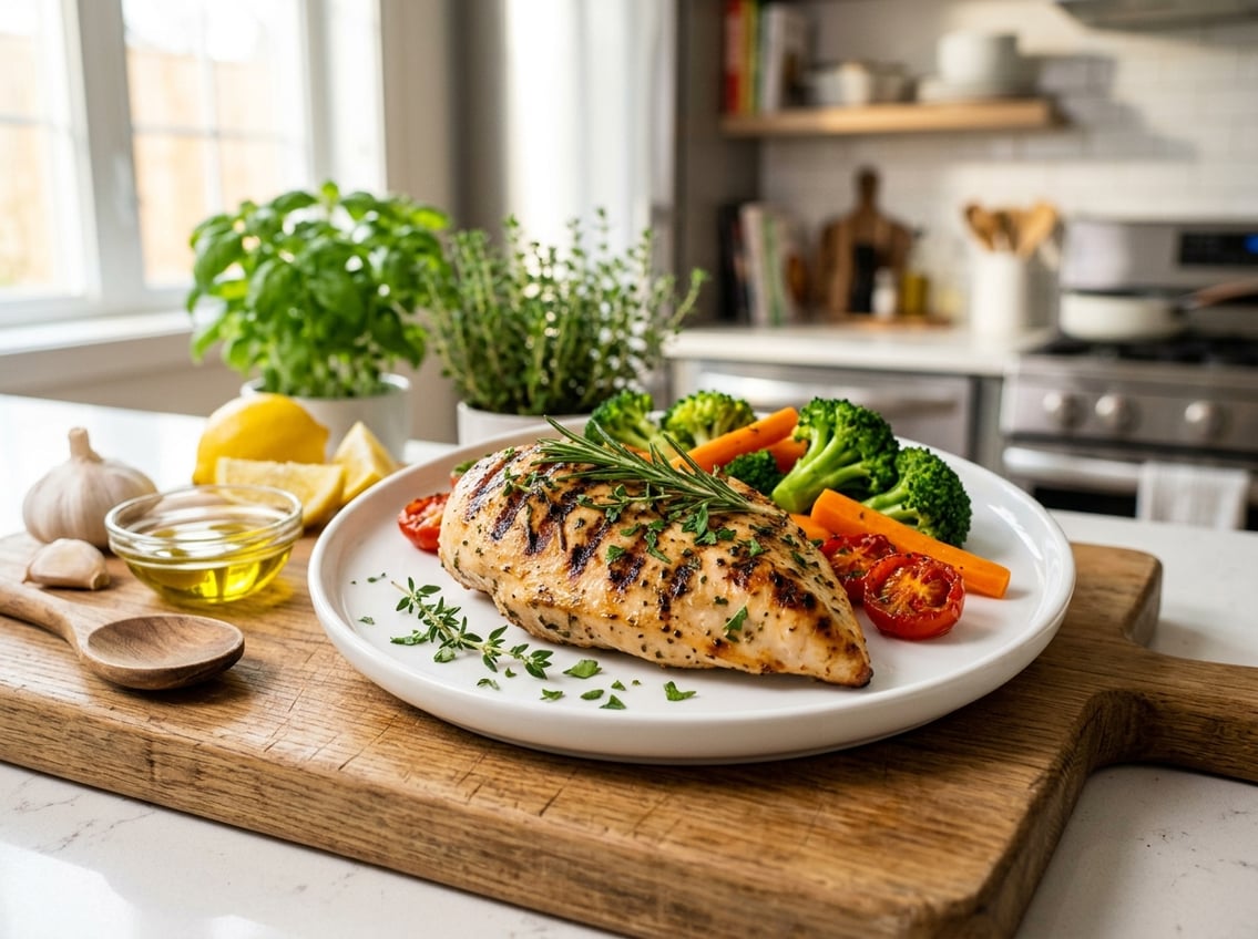 A grilled chicken breast with fresh herbs on a white plate surrounded by steamed vegetables in a kitchen setting.