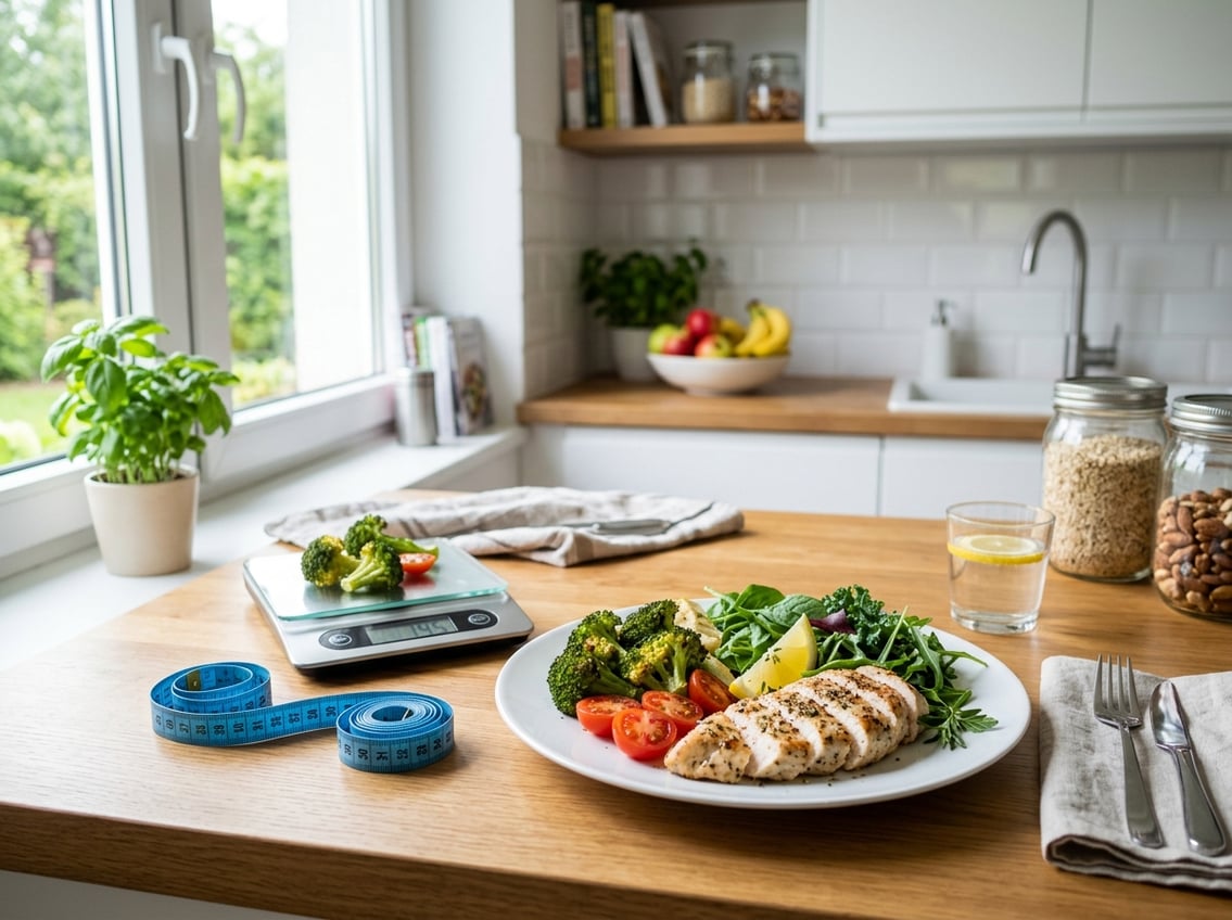 A plate with cooked chicken breast and fresh vegetables on a kitchen countertop with a digital scale and measuring tape nearby.