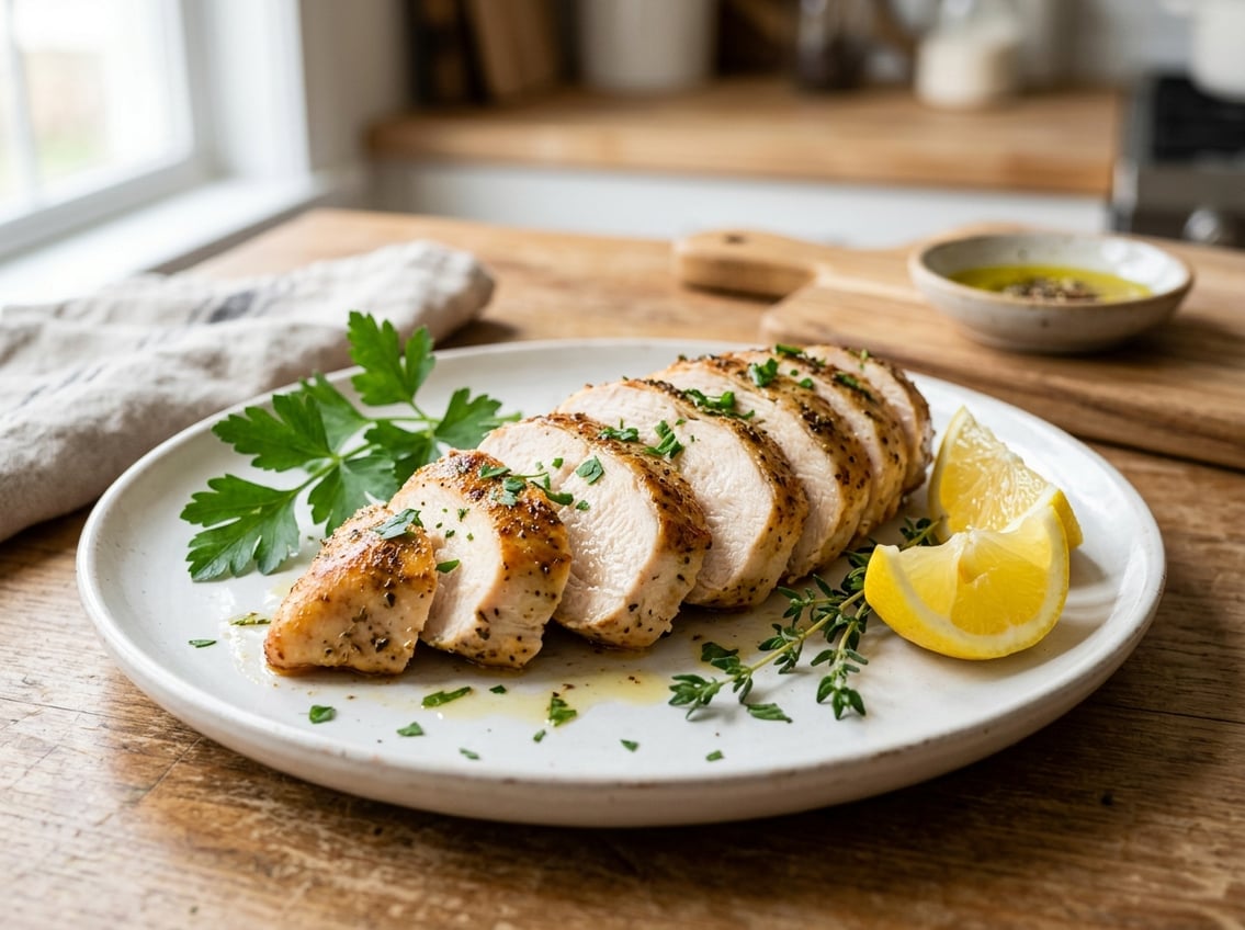 Sliced cooked chicken breast on a white plate garnished with herbs and lemon wedges.