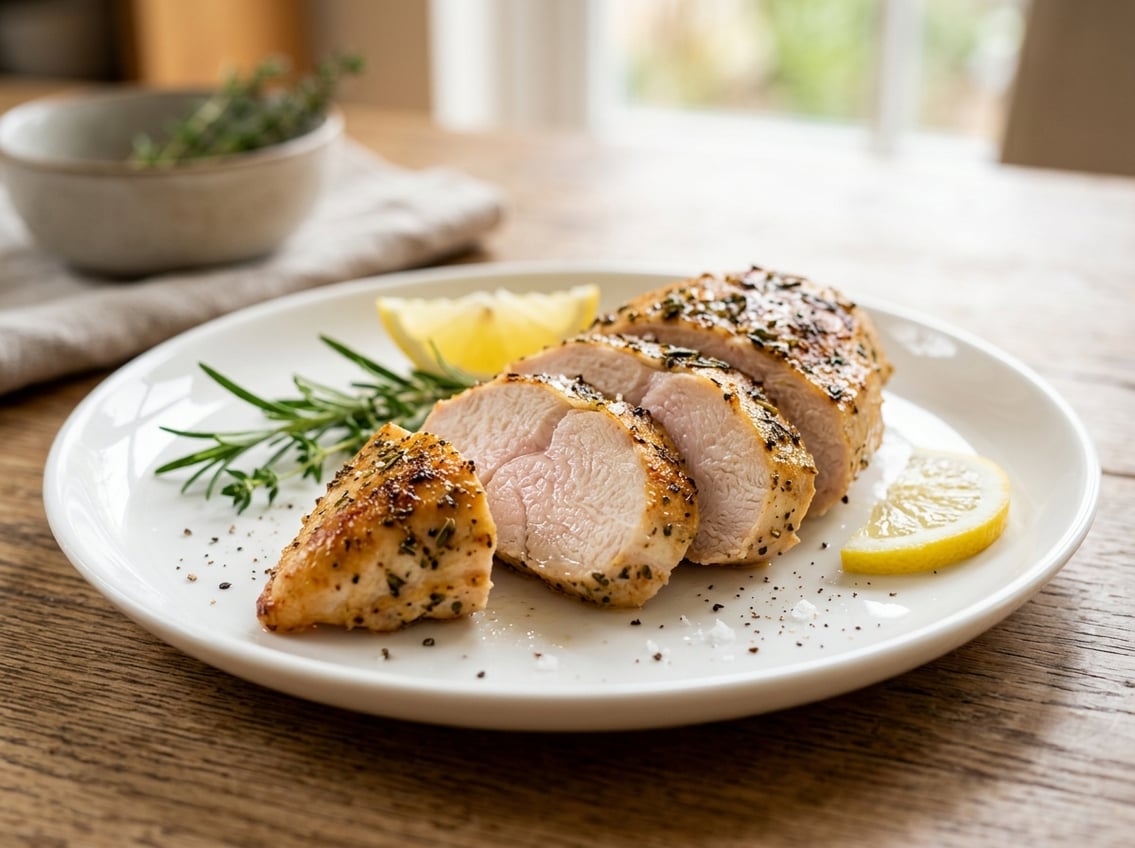 Close-up of a sliced cooked chicken breast on a white plate with fresh herbs and a lemon wedge.