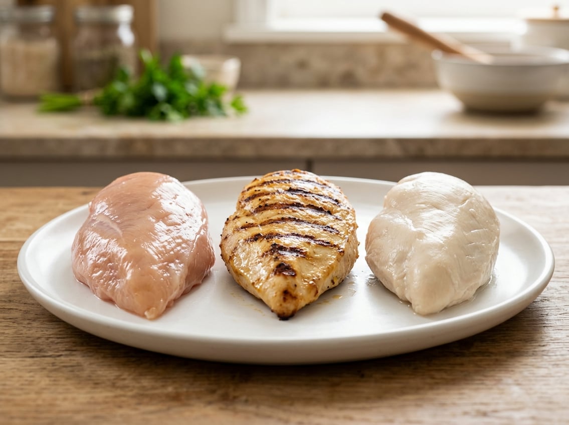 Three chicken breasts on a white plate showing raw, grilled, and poached cooking methods side by side.