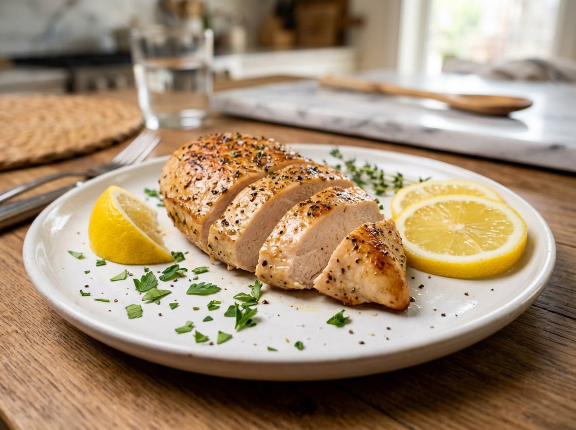 A cooked chicken breast sliced on a white plate garnished with herbs and lemon slices.