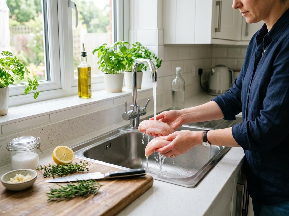 Person washing raw chicken breasts under running water in a kitchen sink with fresh ingredients nearby.