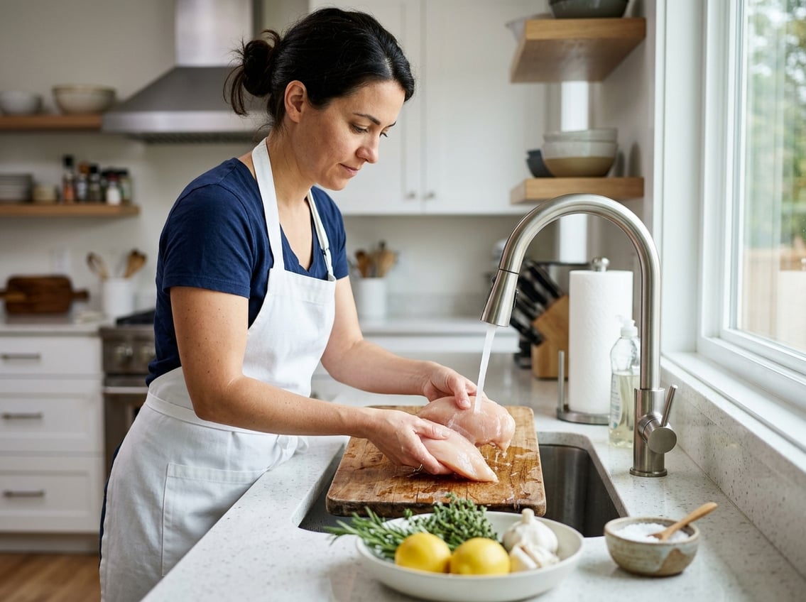 Person rinsing raw chicken breasts under running water in a kitchen sink with fresh ingredients nearby.