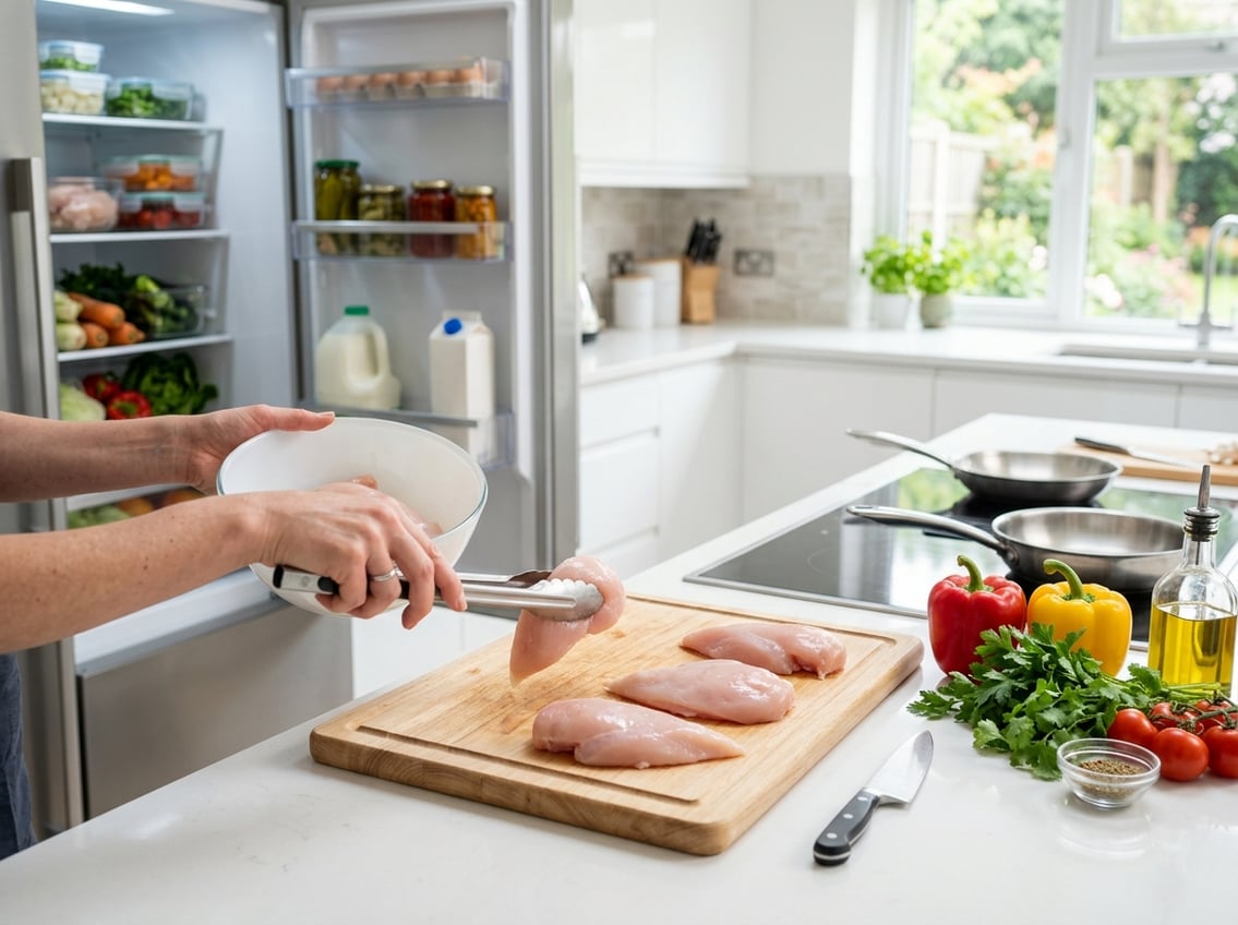 Hands placing raw chicken breasts from refrigerator onto a cutting board next to a stove in a clean kitchen.