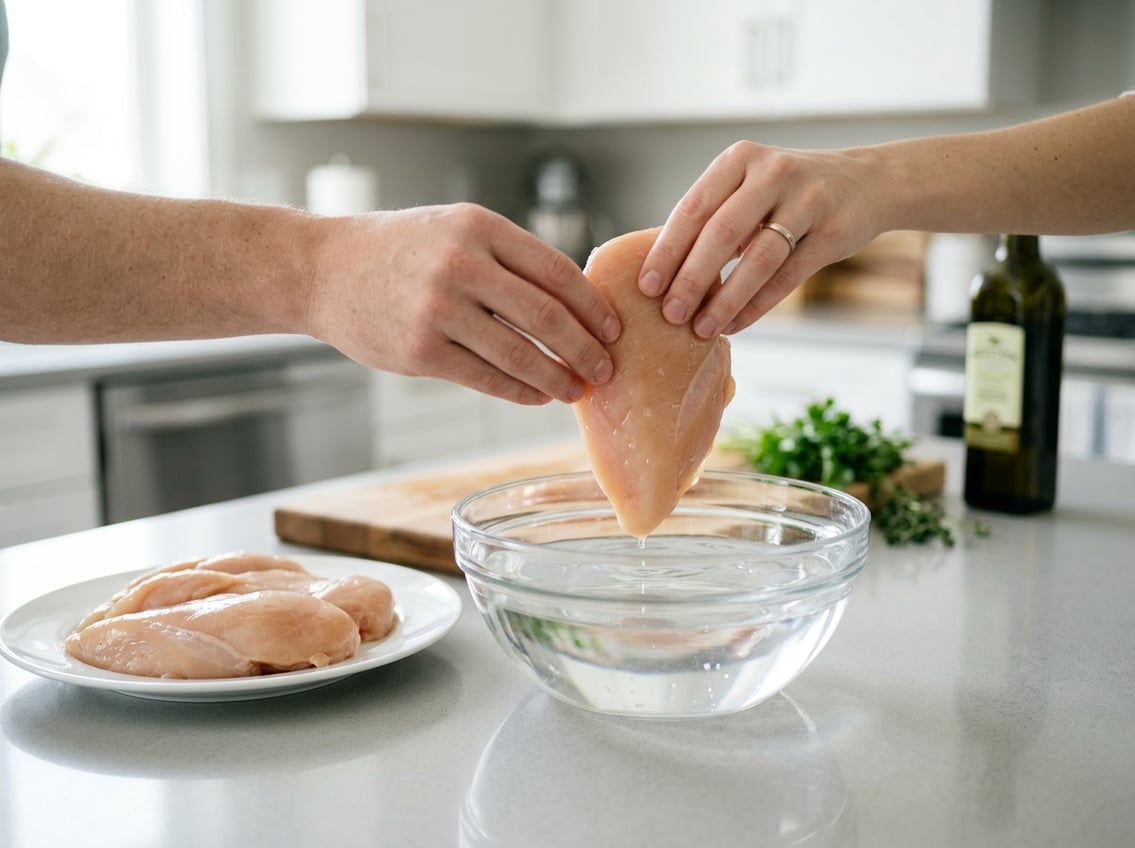 Hands holding raw chicken breast over a bowl of water on a kitchen countertop with fresh chicken breasts on a plate nearby.