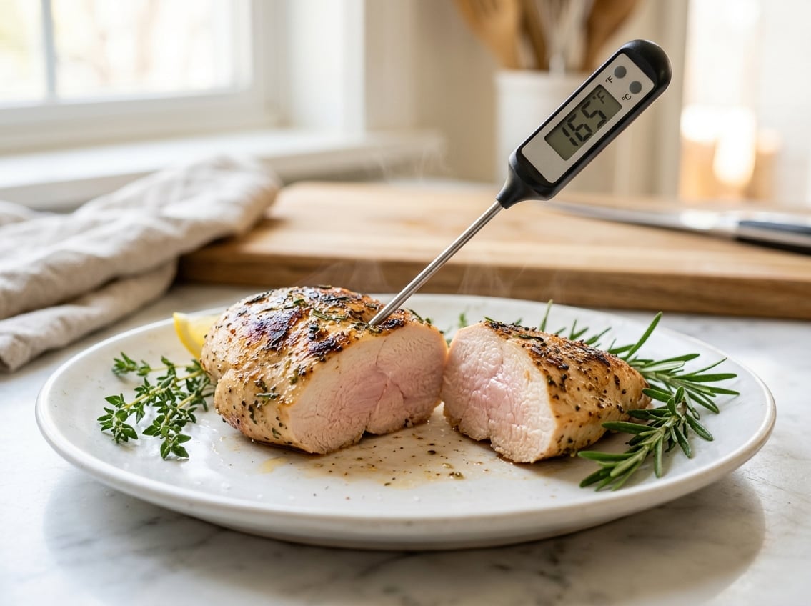 A sliced chicken breast on a white plate with fresh herbs and a meat thermometer showing a safe temperature.