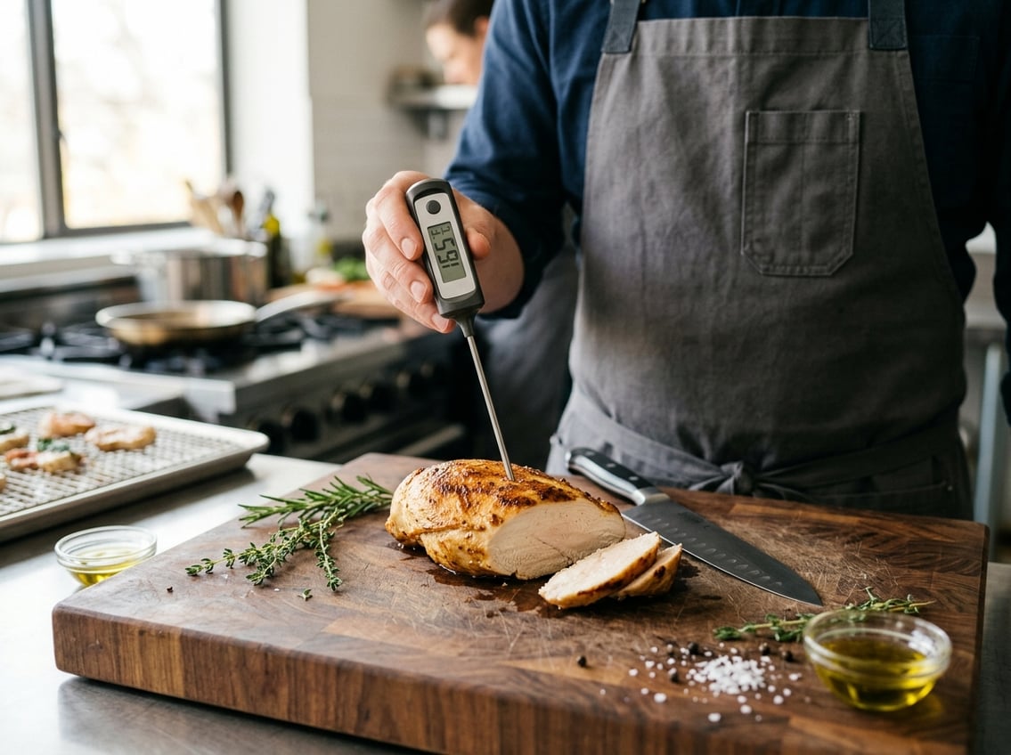 Close-up of a sliced chicken breast with a meat thermometer inserted, placed on a cutting board in a kitchen setting.