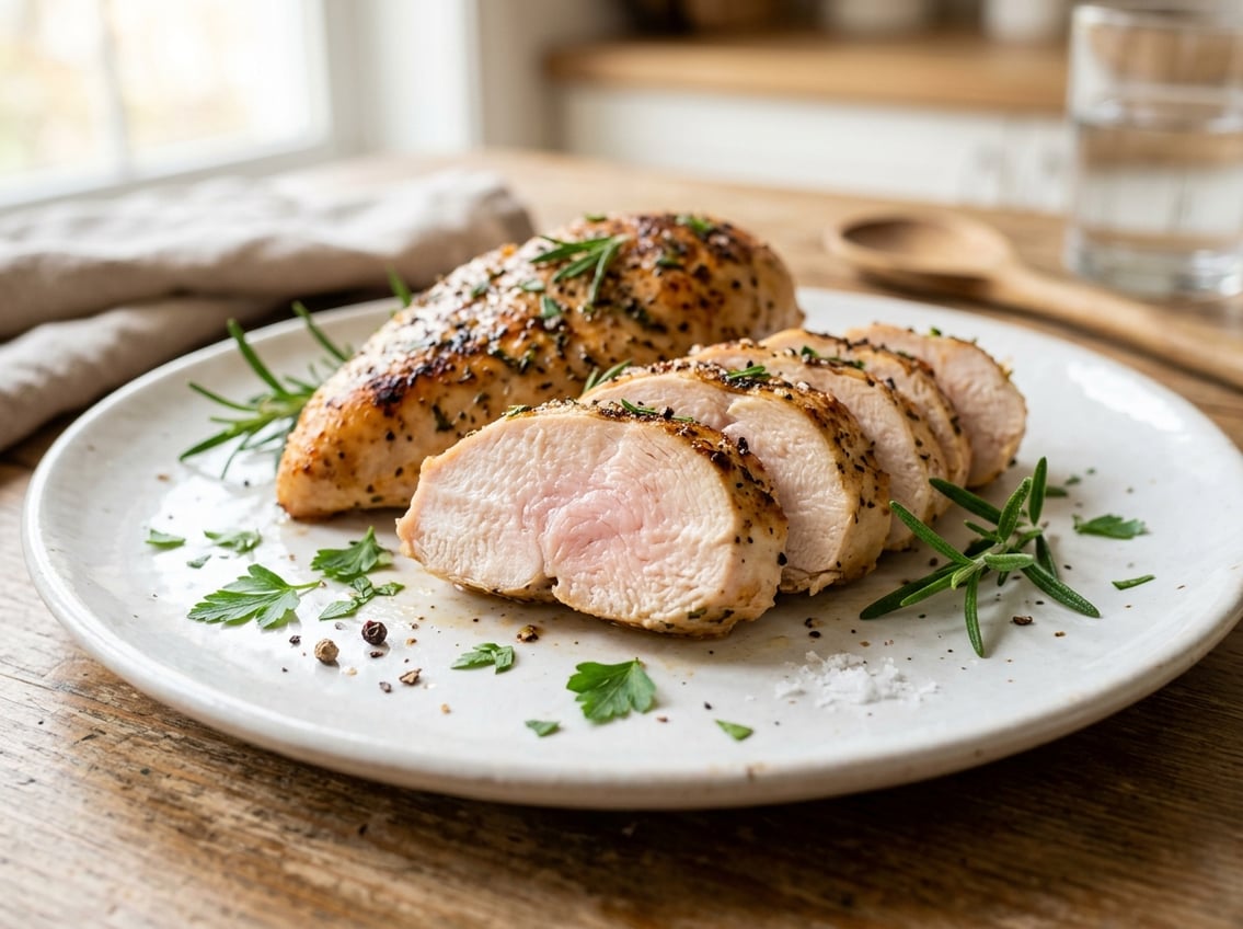 Close-up of a cooked chicken breast sliced open on a plate showing a slight pink color inside with fresh herbs around it.