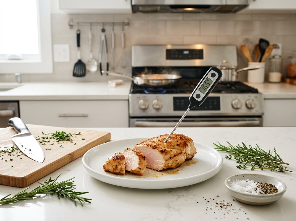 A cooked chicken breast with a meat thermometer inserted, placed on a white plate in a modern kitchen setting with fresh herbs and cooking utensils nearby.