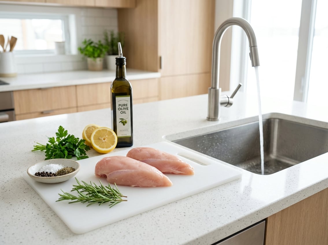Raw chicken breasts on a cutting board next to fresh herbs, lemon, spices, and olive oil in a clean kitchen with a faucet and sink nearby.