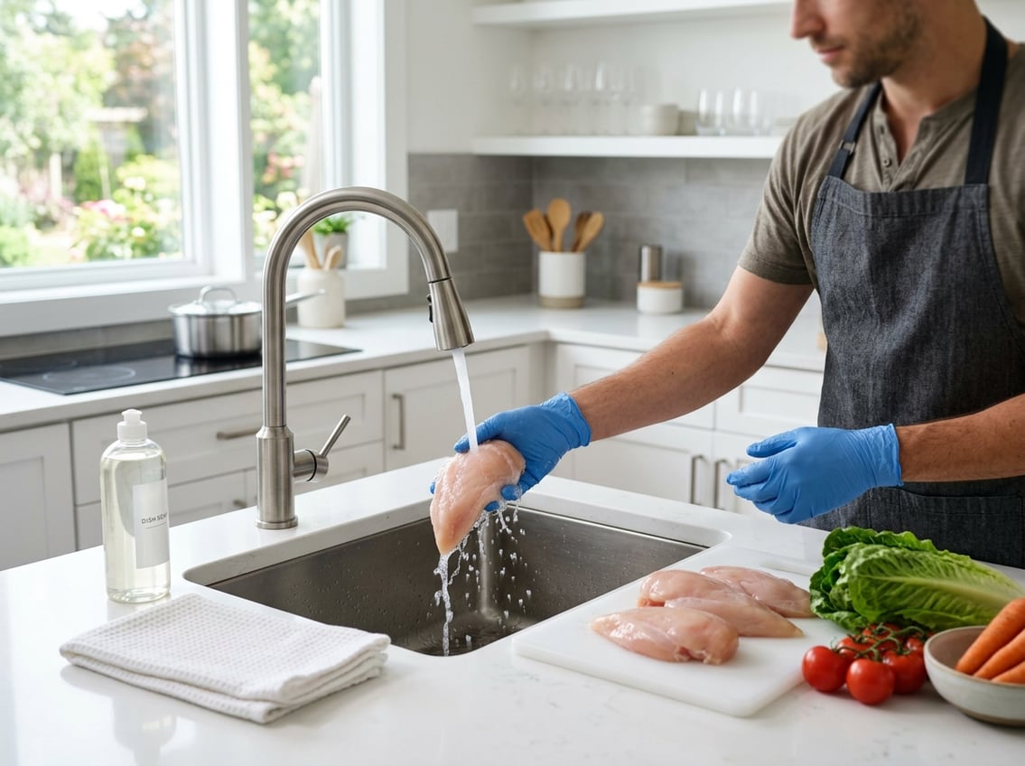 A person rinsing raw chicken breasts under running water in a clean kitchen sink with fresh vegetables and kitchen tools nearby.