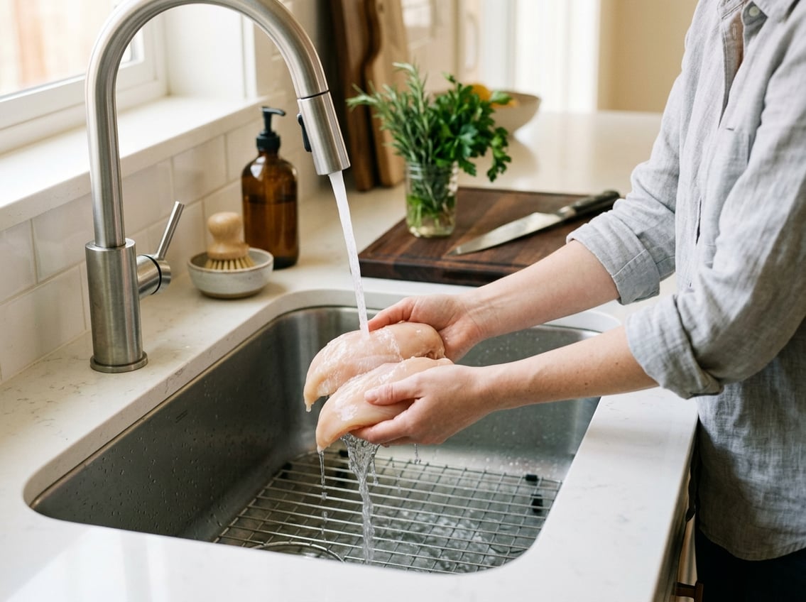 Hands rinsing raw chicken breasts under a running kitchen faucet in a clean sink.