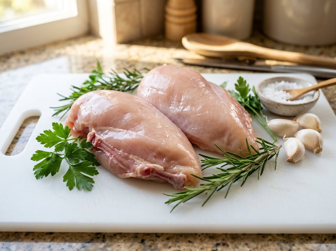Fresh raw chicken breast with rib meat on a white cutting board surrounded by herbs and garlic.