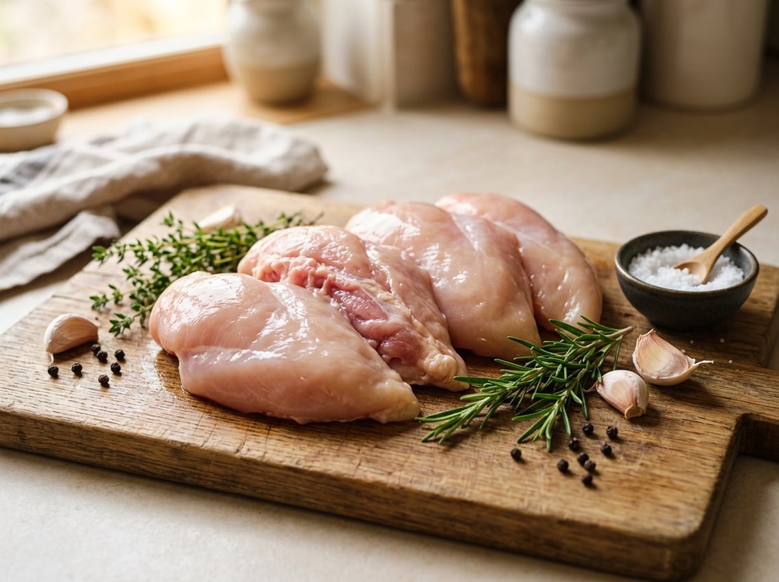 Raw chicken breasts with rib meat on a wooden cutting board surrounded by herbs, garlic, and salt.