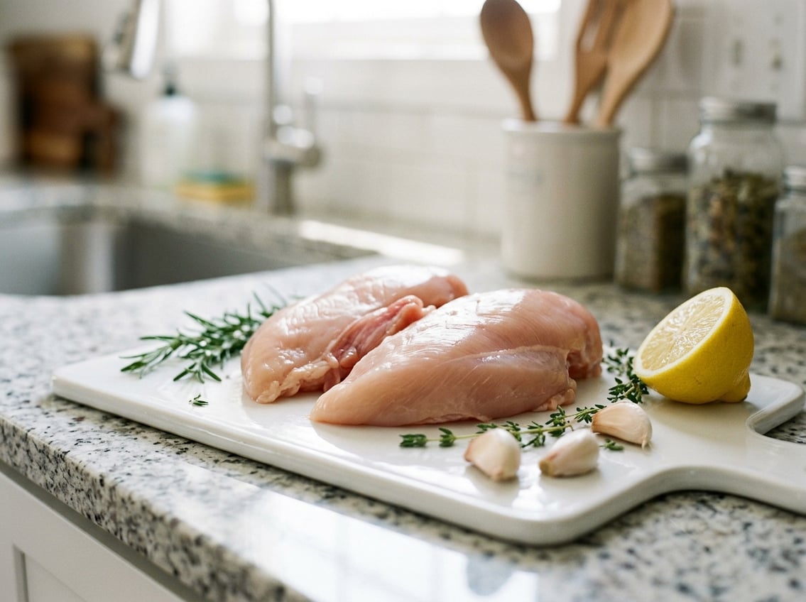 Fresh raw chicken breasts with rib meat on a cutting board surrounded by herbs and lemon on a kitchen countertop.