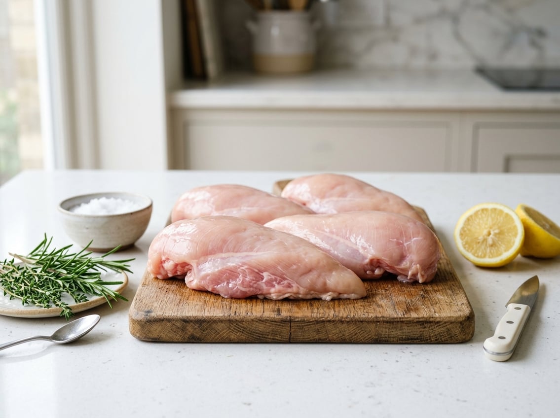 Fresh raw chicken breasts with rib meat on a wooden cutting board surrounded by herbs and lemon halves.