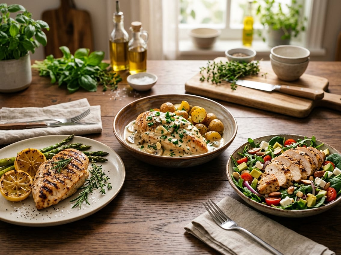A table with several plated chicken breast dishes including grilled chicken, creamy chicken in sauce, and a chicken salad with fresh vegetables.
