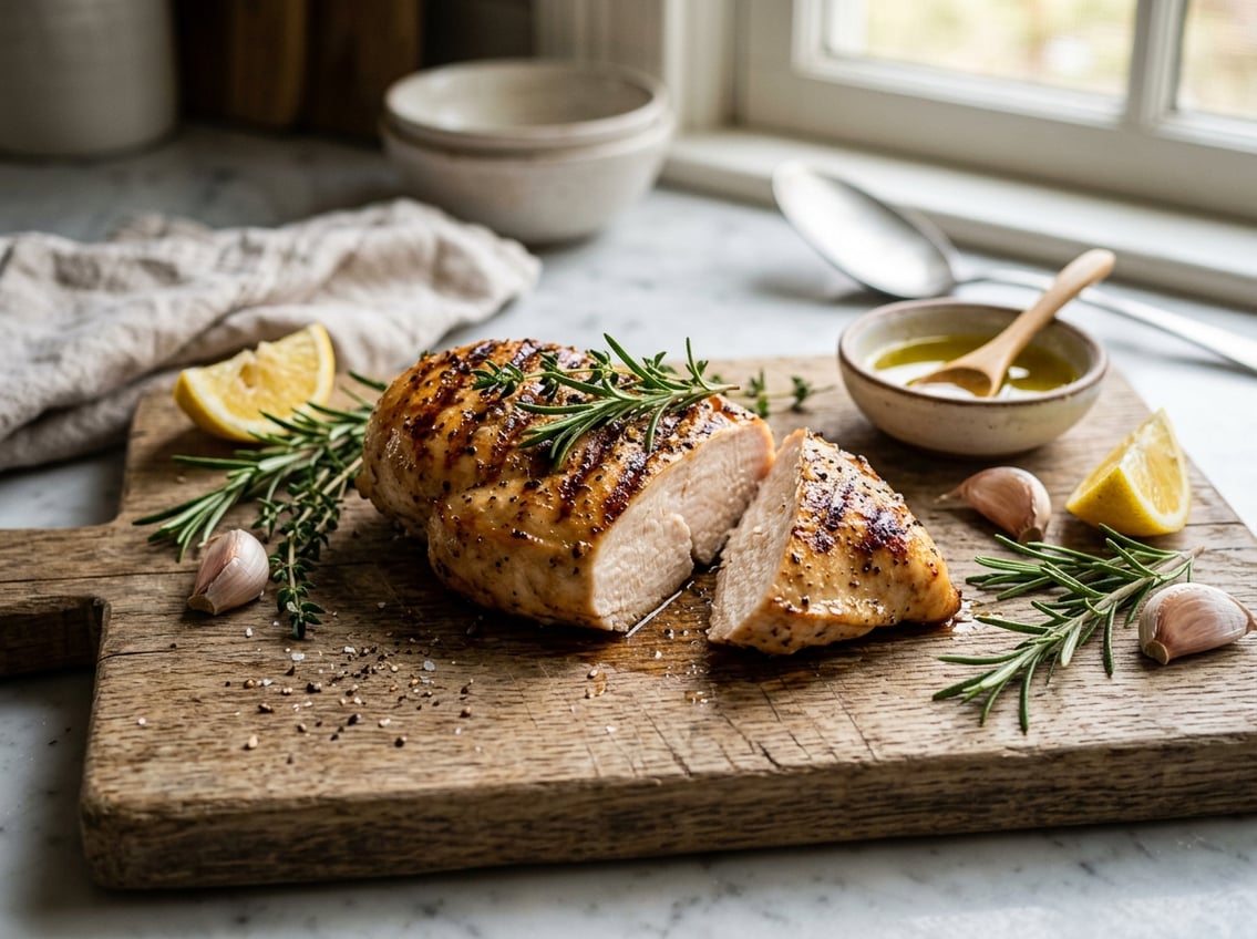 A juicy, golden brown chicken breast on a wooden cutting board surrounded by fresh herbs, garlic, and lemon wedges.