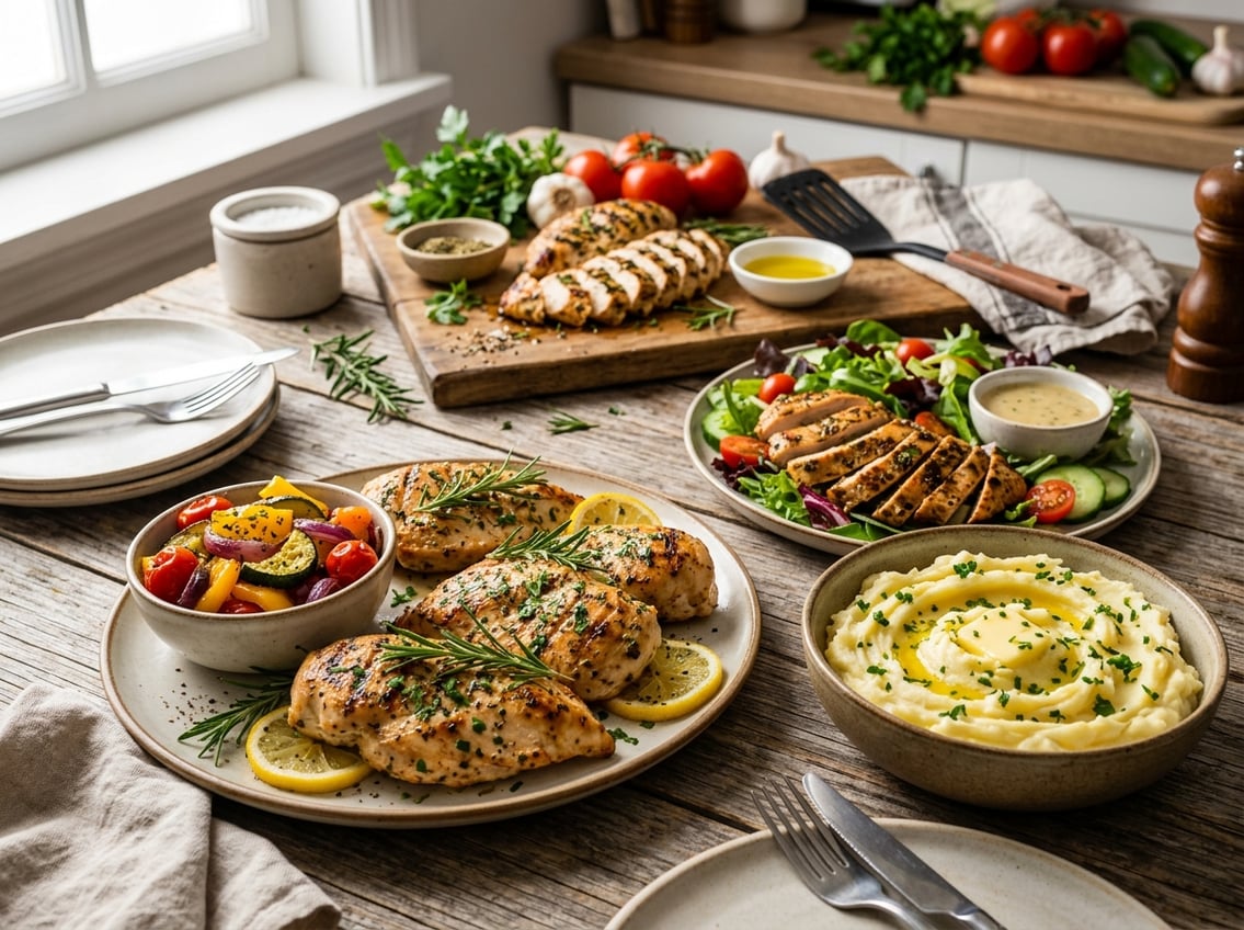 A table with several cooked chicken breast dishes served with vegetables and mashed potatoes.