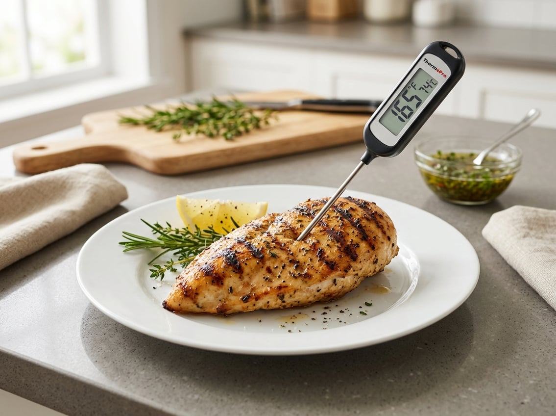 A cooked chicken breast on a plate with a meat thermometer showing the safe internal temperature.
