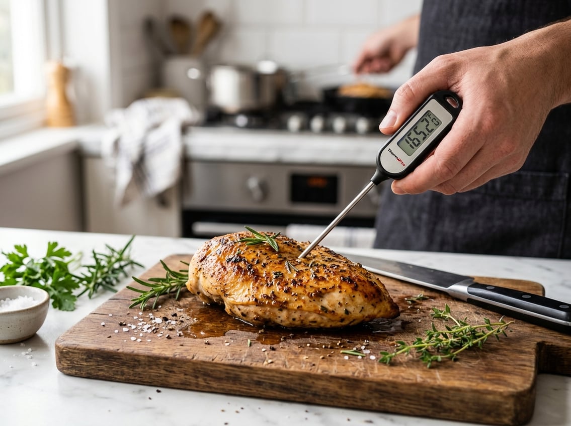 Close-up of a cooked chicken breast on a cutting board with a digital meat thermometer inserted to check its temperature.