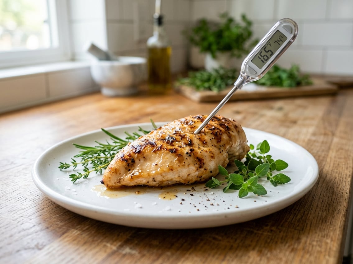 A cooked chicken breast on a white plate with a kitchen thermometer inserted, surrounded by fresh herbs on a kitchen countertop.