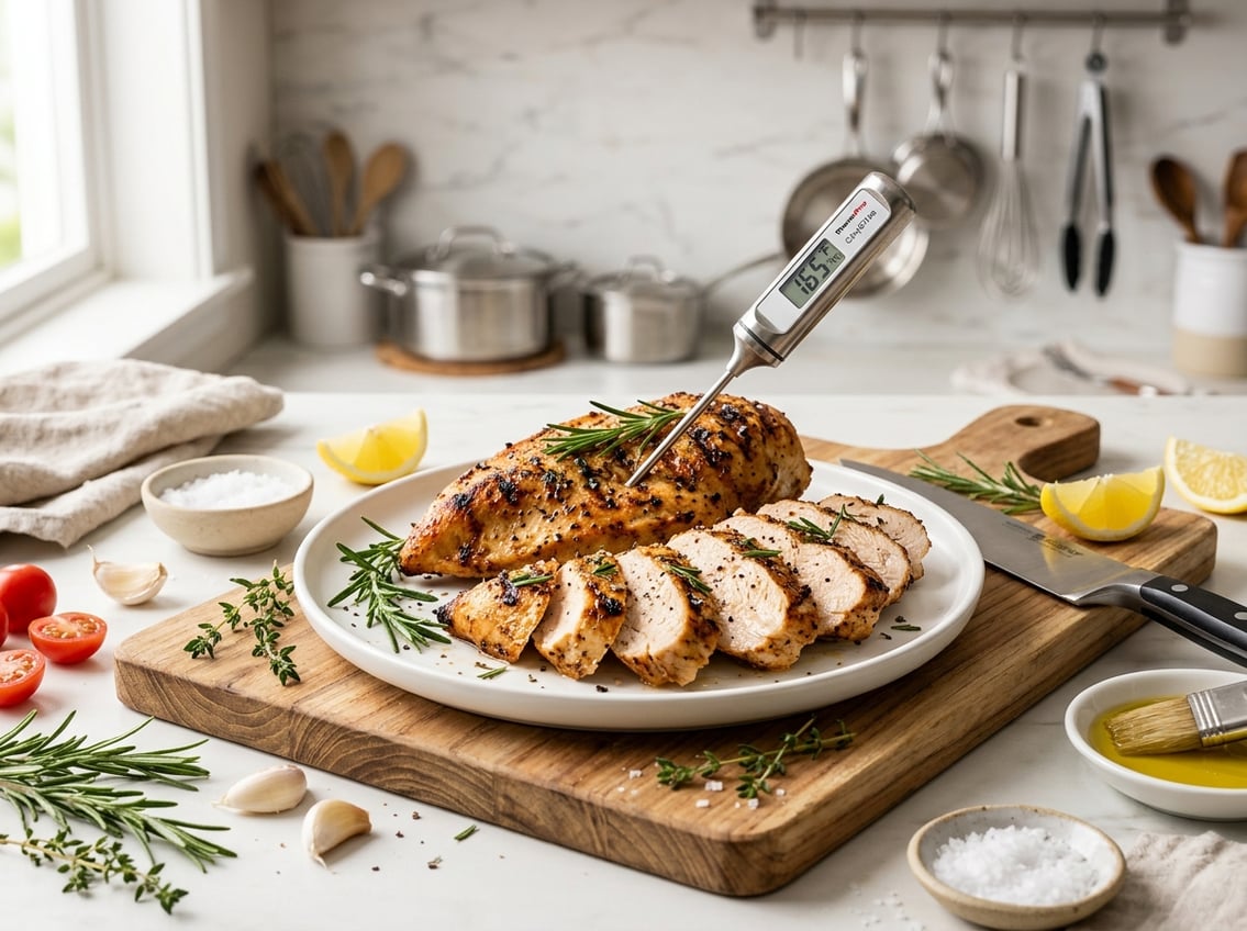 A cooked chicken breast sliced on a plate with a meat thermometer inserted, surrounded by fresh herbs and cooking ingredients on a kitchen countertop.