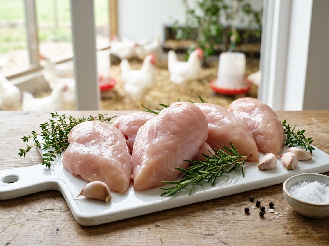 Close-up of large raw chicken breasts on a white surface with fresh herbs, with a blurred modern poultry farm in the background.