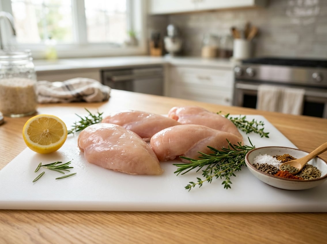 Close-up of raw chicken breasts on a cutting board with fresh herbs and lemon in a kitchen.