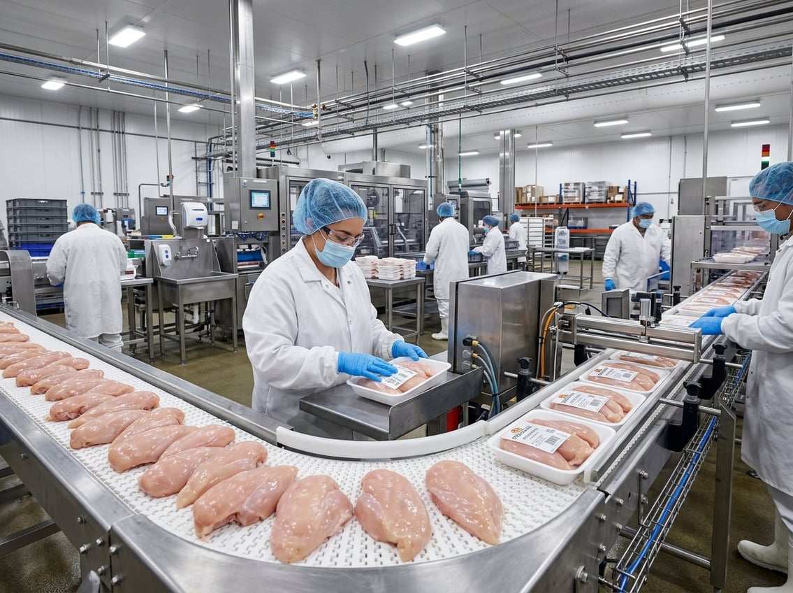 Workers in protective gear inspecting and labeling large chicken breasts on a conveyor belt in a clean poultry processing facility.