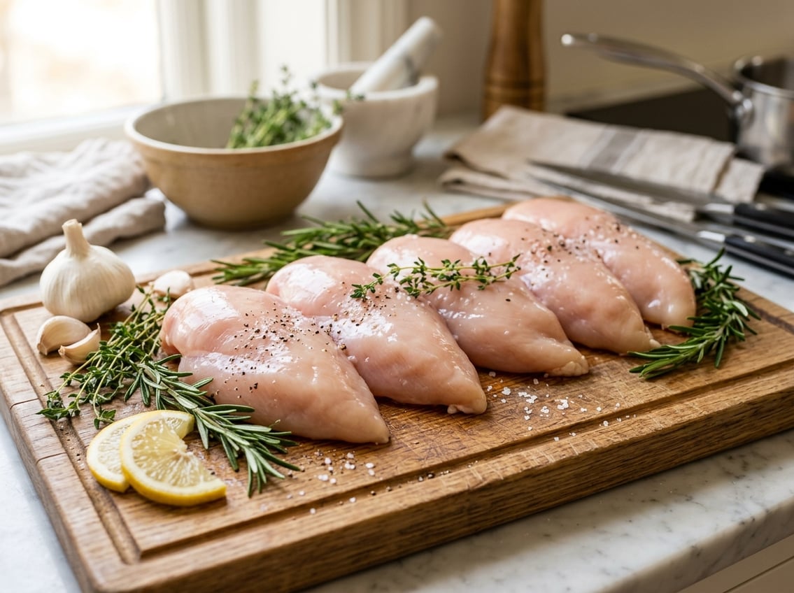 Close-up of large raw chicken breasts on a wooden cutting board with fresh herbs, garlic, and lemon slices.