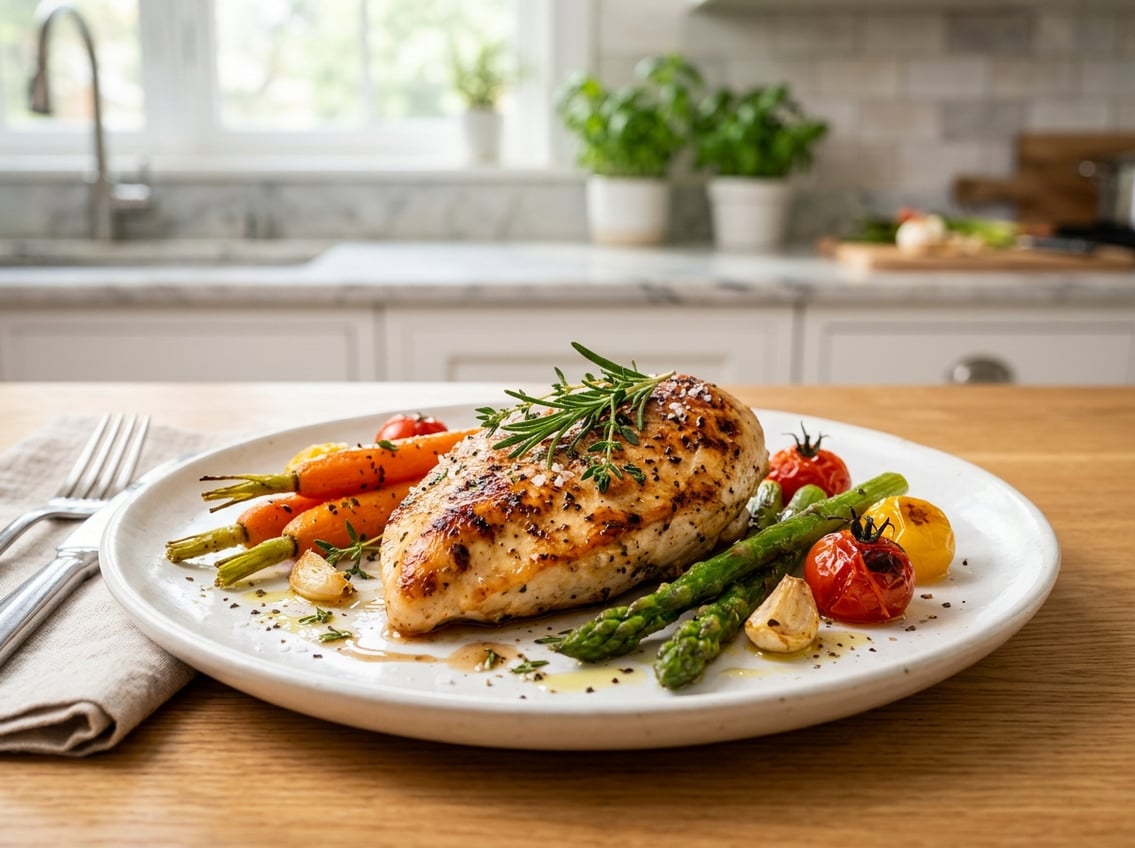 A plated chicken breast with roasted vegetables on a white plate in a kitchen setting.