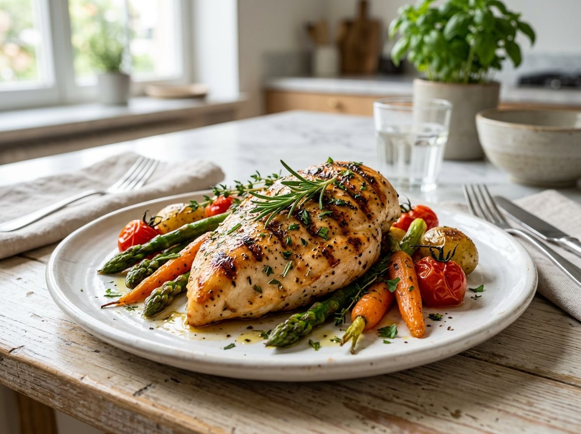 A plated cooked chicken breast garnished with herbs and served with roasted vegetables on a white plate in a kitchen setting.